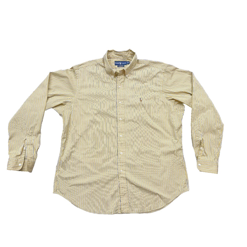 Vtg Ralph Lauren Mens Classic Long Sleeve Yellow Stripe Shirt Pony Logo XL